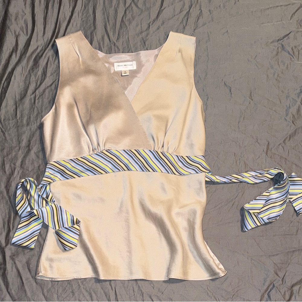 Isaac Mizrahi Silver Sleeveless Top with Striped Tieback